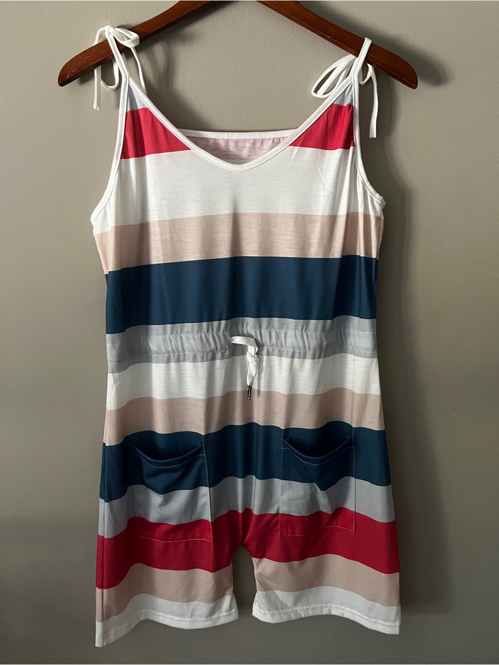 Striped Tie-Shoulder Romper in White, Navy & Pink